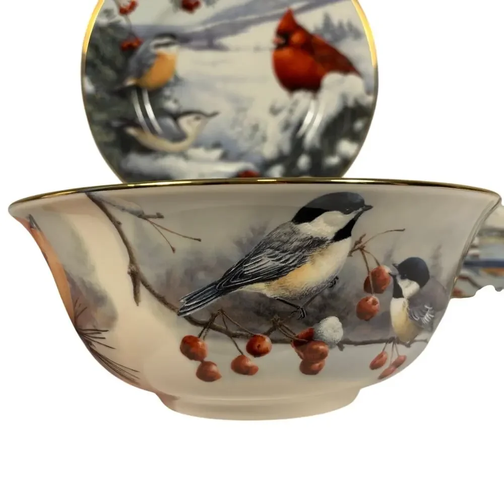Lenox Winter Greetings Scenic Cardinal Waxwing Birds Serving Plates Bowl Set 3